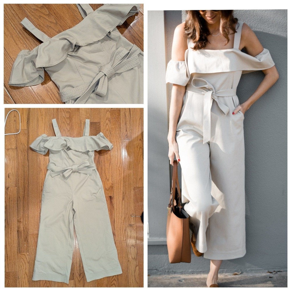 Quiet Luxury Off Shoulder Ruffle Jumpsuit Belted Banana Republic Size 0 Wide Leg